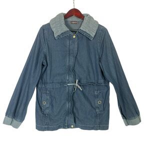 XCVI Denim Chambray Utility Jacket Drawstring Full Zip Blue tunic lightweight L